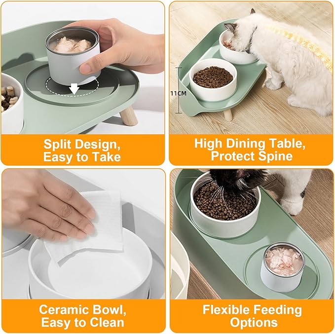 Elevated Dog Bowls Set, Ceramic Pet Food & Water Bowls with Non-Slip Stand, No Spill Design for Cats/Small Medium Dogs Green-PurrikoPets