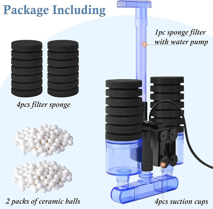 FEDOUR Aquarium Sponge Filter with Water Pump, Quiet Electric Biochemical Filter, with 4pcs Filter Sponge and Ceramic Balls, for up to 40Gallon Fish Tank, Turtle Tank, Shrimp Tank-PurrikoPets