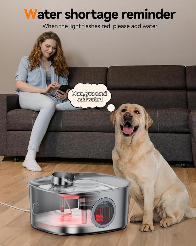 Dog Water Fountain Stainless Steel, 11L/2.8Gal Large Pet Fountain for Large Dogs Inside, Dog Fountain Water Bowl Dispenser with Visible Window & LED, Ultra Quiet for Multi-Pet (Filters)-PurrikoPets