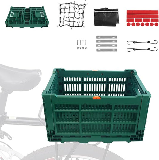 Foldable Large Green Plastic Bicycle Rear Basket with Cargo Net and Waterproof Cover Net for Shopping Outings, Pets, School, Picnics or Outdoor Activities, Easy to Install on Rack Mount-PurrikoPets