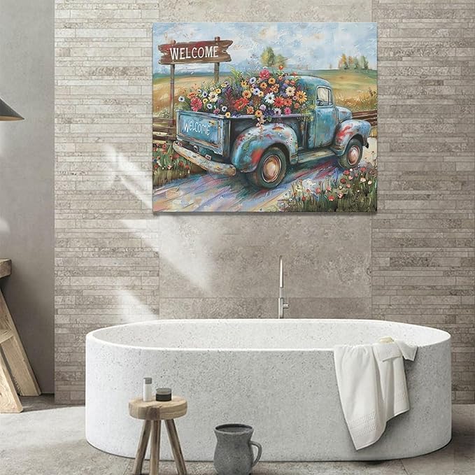 Farmhouse Truck Wall Art Rustic Country Wildflowers Wall Decor Road Flowers Landscape Pictures Canvas Print Painting Artwork for Bathroom Living Room Bedroom 20"x24"-PurrikoPets