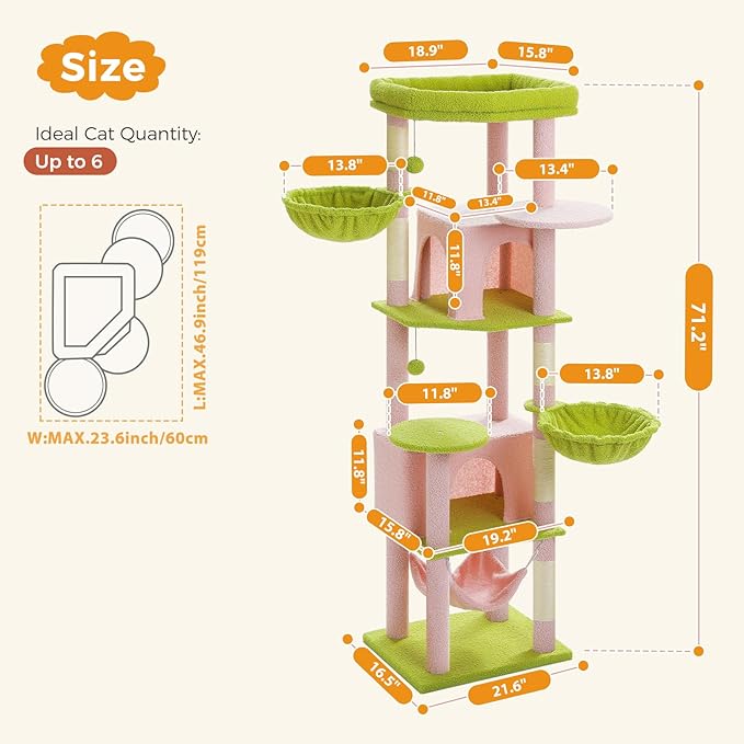 71.2" Large Cat Tree for Multi-Cat Households - Heavy-Duty 9-Level Cat Tower w/5 Sisal Scratching Posts, 2 Condos, 3 Hammocks, Extra-Large Perch & Pompoms - Space-Saving, Pink-PurrikoPets