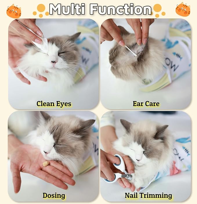 27.6" Cat Wrap for Grooming-Premium Cat Grooming Wrap Cat Restraint for Nail Clipping, Self-Adherent Soft Cat Blanket to Wrap Cat Anti-Scratch Anti-Escape Grooming Bag (White, XL(Within 17lbs))-PurrikoPets
