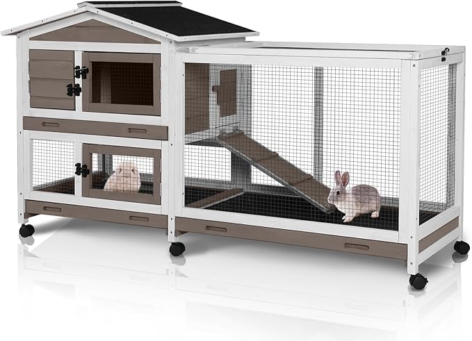 62" Rabbit Hutch with Chew-Proof Ramp & Waterproof Roof - Indoor/Outdoor Bunny Cage, 2-Story Design, 6 Lockable Caster Wheels & Dual Pull-Out Trays (Brown)-PurrikoPets