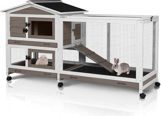 62" Rabbit Hutch with Chew-Proof Ramp & Waterproof Roof - Indoor/Outdoor Bunny Cage, 2-Story Design, 6 Lockable Caster Wheels & Dual Pull-Out Trays (Brown)-PurrikoPets