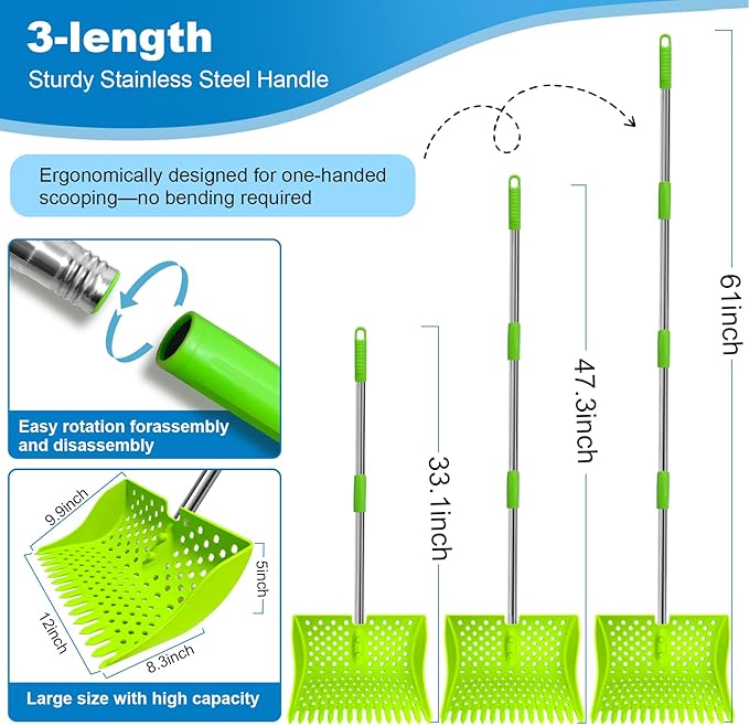 12-Inch 2-in-1 Chicken Poop Scooper & Rake – US Patent Pending – 3-Shape Sifting Holes Chicken Coop Rake，Stainless Steel Handle （20–61"）– Litter Scoop Sand & Sifting Shovel for Chicken Coops(Green)-PurrikoPets