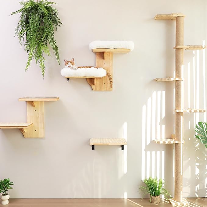 FUKUMARU Cat Wall Shelves, 2 Platform Cats Walls Furniture, Tree Shape Kitten Floating Shelf with Soft Cushion Perch, Solid Rubber Wood for 16 Inch Drywall, Suitable for Climb, Play, Nap-PurrikoPets