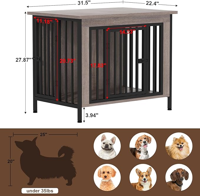 EasyCom 31.5" Small Dog Crate Furniture, Chew-Resistant Dog Crates for Small and Medium Dogs, Dog Kennel Furniture Indoor with 2 Doors and 3.94" Raised Feet, as TV Stand, End Table, Crate Table-PurrikoPets