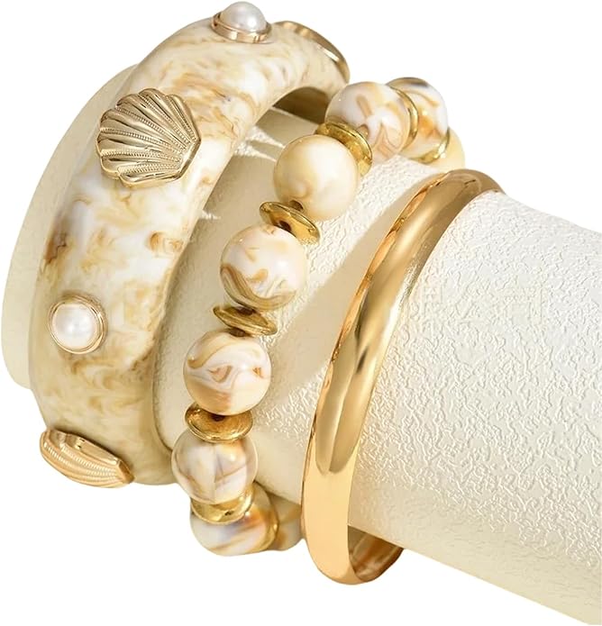 1 Set Bold Sea Inspired Multilayer Stackable Bracelet With Shell Waved Design Lightweight Resin Iron Jewelry For Women
