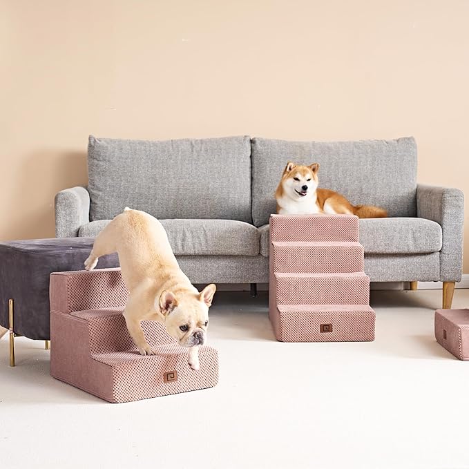 EHEYCIGA Dog Stairs for Small Dogs 13.5" H, 3-Step Dog Steps for Couch Sofa and Chair, Pet Steps for Medium Cats, Non-Slip Balanced Pet Ramp Indoor, Pink-PurrikoPets