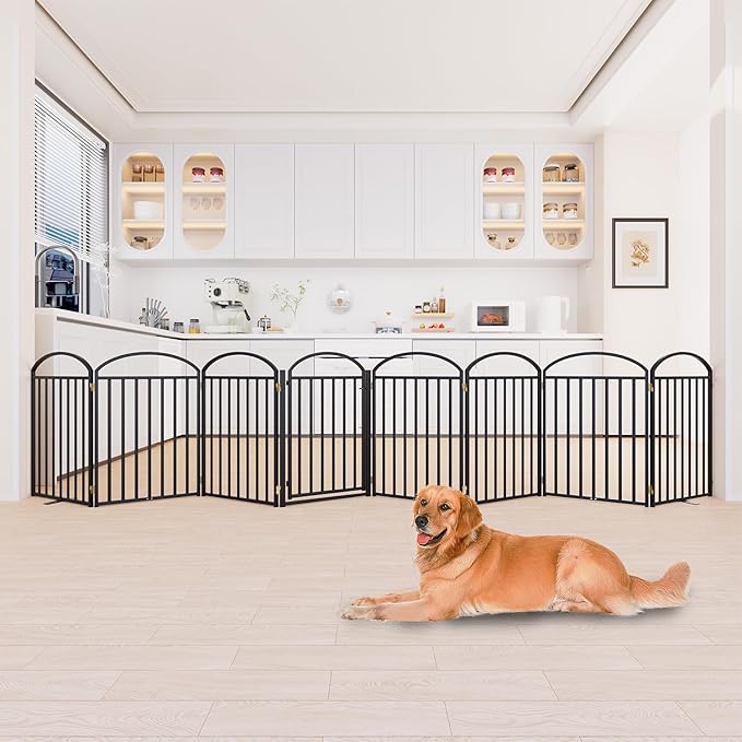 8 Panles Full Matel Freestanding Dog Gates with Door, 192"Extra Wide 32"Tall Free Standing Dog Pet Gate for Indoor & Outdoor. Foldable Pet Fences for Doorways, House, Stairs, Porch, Deck, Yard-PurrikoPets