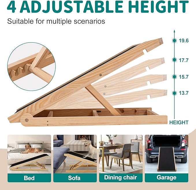 Dog Ramp for Bed, Adjustable Pet Ramps for Dog to Get on Bed, Non-Slip Rubber Surface - Folding Wooden Dog Ramp for Small/Large/Old Dogs, Adjustable up to 19.5 inch High Beds-PurrikoPets