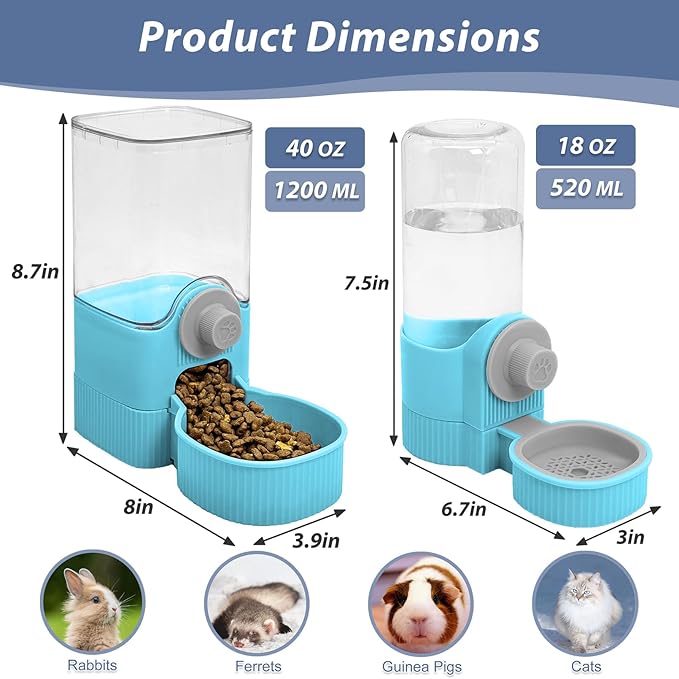 Fhiny Rabbit Food & Water Dispenser, Large Capacity Gravity Guinea Pig Feeder and Waterer Set for Cage Hanging Automatic Bunny Feeder for Bunny Guinea Pig Chinchilla Ferret Cat Puppy-PurrikoPets