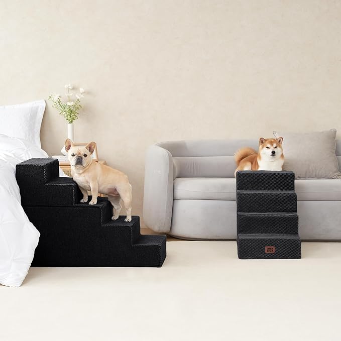 EHEYCIGA Dog Stairs for High Bed 25" H, 5-Step Extra Wide Dog Steps for Bed, Pet Steps for Small Dogs and Cats, Non-Slip Balanced Pet Ramp Indoor, Black-PurrikoPets