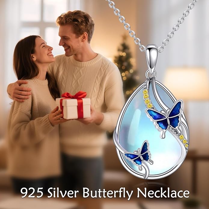 KQF Dragonfly/Butterlfy/Cat/Jellyfish/Bunny/Axolotl/Bee/Mermaid/Hummingbird/Elephant Necklace for Women Sterling Silver Moonstone Pendant Necklace Dragonfly Jewelry Gifts for Women