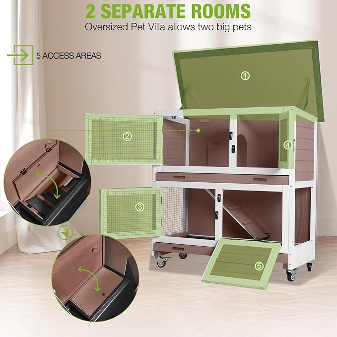 2-Story Rabbit Hutch Indoor Bunny Cage Wooden Guinea Pig House with Chew-Proof Ramp, Leakproof Slide-Out Trays, Lockable Caster Wheels for 1-3 Rabbits (Brown)-PurrikoPets