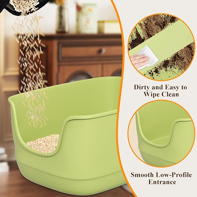 Gefryco Large Cat Litter Box with High Sided 24.6"x18.3"x12.2" - Jumbo Extra Large Open Anti - Splashing High Wall for Multiple Cats (Green)-PurrikoPets