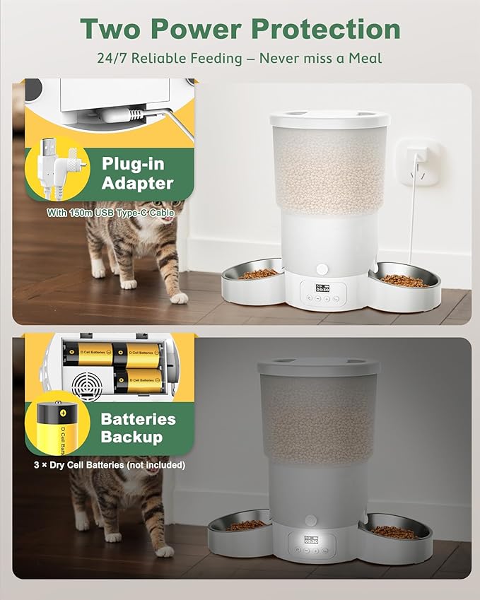 Gimars 5L Automatic Cat Feeder for 2 Cats, Programmable 1-6 Meals Cat Food Dispenser with Stainless Steel Bowl, Easy Setup, Dual Power Supply,10s Meal Call Timed Pet Feeder for Cats and Small Dogs-PurrikoPets