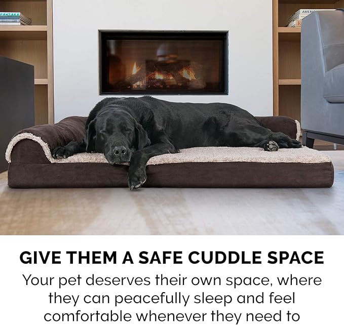 Furhaven Cooling Gel Dog Bed for Large/Medium Dogs w/ Removable Bolsters & Washable Cover, For Dogs Up to 55 lbs - Two-Tone Plush Faux Fur & Suede L Shaped Chaise - Espresso, Large-PurrikoPets