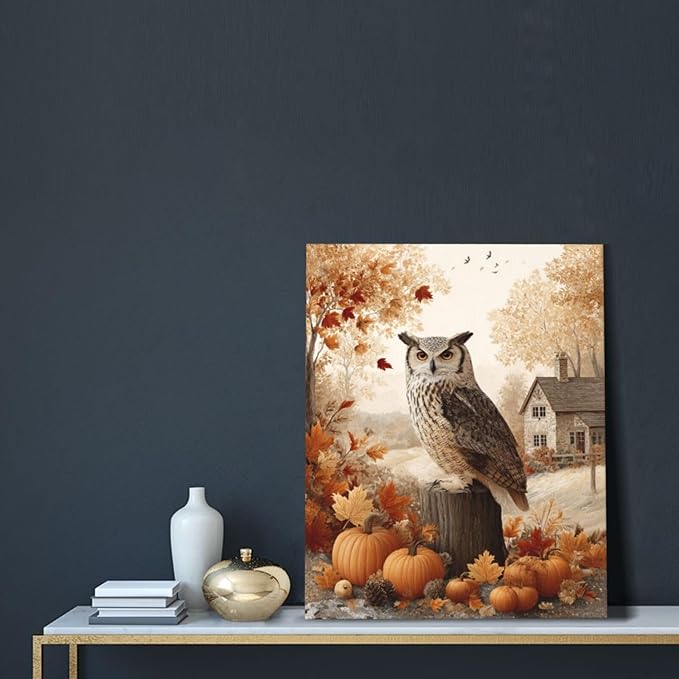 Fall Owl Wall Art Autumn Pumpkin Leaves Wall Decor Rustic Canvas Print Farmhouse Pictures Painting Print Framed Artwork Decorations Gifts for Living Room Bathroom Bedroom Office 16"x20"-PurrikoPets