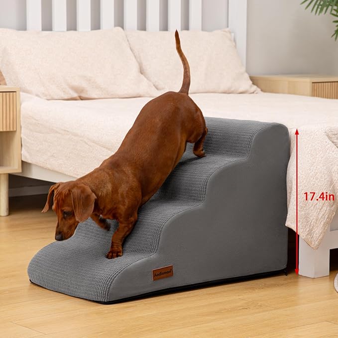 4-Step Dog Stairs and Ramp for Beds or Couches – Non-Slip Sturdy Pet Steps for Small Dogs and Cats,17.4" H,Grey-PurrikoPets