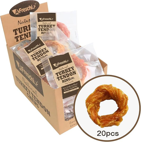 Afreschi Turkey Tendon for Dogs, Dog Treats for Signature Series, All Natural Human Grade Puppy Chew, USA-Sourced Turkey Tendon, Hypoallergenic, Rawhide Alternative, 20 Units/Box Ring (Medium)-PurrikoPets