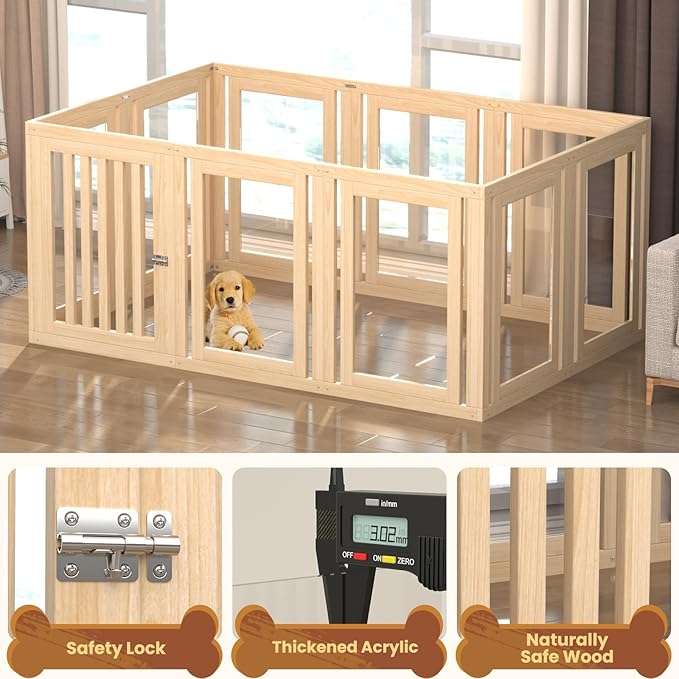 10 Panels Dog Playpen with Door, 23.6" H Pet Playpen Indoor, Clear Acrylic Puppy Playpens, Wooden Puppy Fence with Gate, Transparent Dog Pens, Pet Pen Indoor for Dogs, Cats, Rabbit (Wood)-PurrikoPets