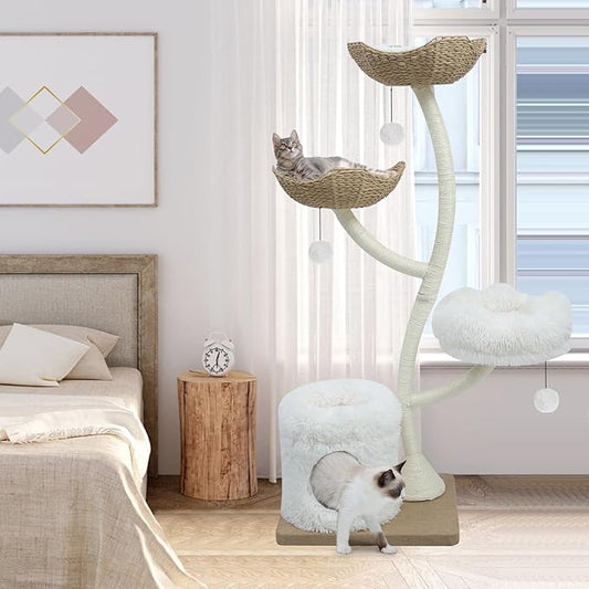 63” Tall Cat Tree Tower for Indoor Cats, Multi-Level Large Cat Climbing Furniture with Scratching Posts, Soft Perch, Cozy Cave, and Hanging Toys, Sturdy Design for Multi-Cat Households-PurrikoPets