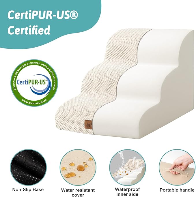 Dog Stairs for Small Dogs 15.7" H, Curved Dog Step for Puppy, Older Cat, Medium Pet Ramp for Sofa, Couch or Chair, Ladder with High Density Foam, 15.7x22.4x15.7 inch, 3 Step, Beige-PurrikoPets