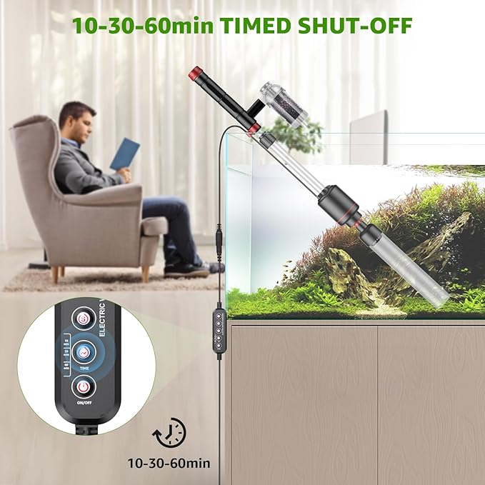 Electric Aquarium Vacuum Gravel Cleaner: 24W Fish Tank Vacuum Gravel Cleaner with Strong Suction for Automatic Water Change Algae Remover Sand Wash Water Shower and Water Circulation, Timed Off-PurrikoPets