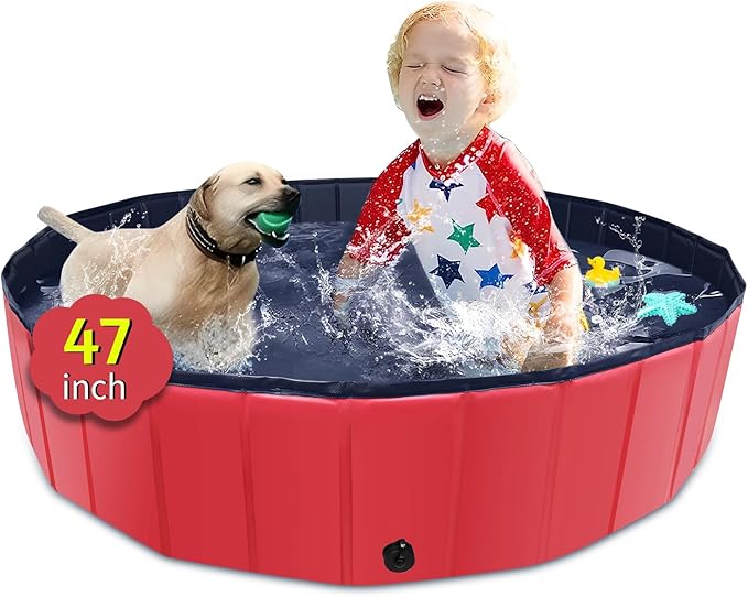 Foldable Dog Pool, 47" x 12" Kiddie Pool with Hard Plastic, Non-Slip Dog Bath Tub for Outdoor Backyard, Collapsible Dog Swimming Pool for Kids Dogs Pets (Red)-PurrikoPets