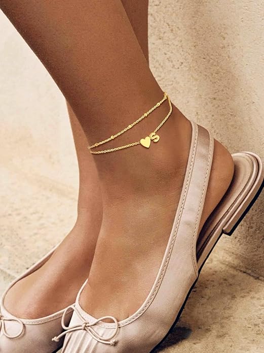 Suplight Stainless Steel Initial Ankle Bracelets for Women Layered Dainty Heart Anklet Beaded Anklets for Women Waterproof Plus Size Ankle Foot Chain Summer Essentials Jewelry(with Gift Box)