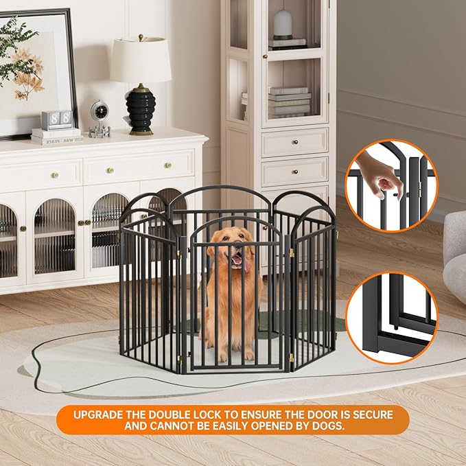 6 Panles Full Matel Freestanding Dog Gates with Door, 144"Extra Wide 32"Tall Free Standing Dog Pet Gate for Indoor & Outdoor. Foldable Pet Fences for Doorways, House, Stairs, Porch, Deck, Yard-PurrikoPets