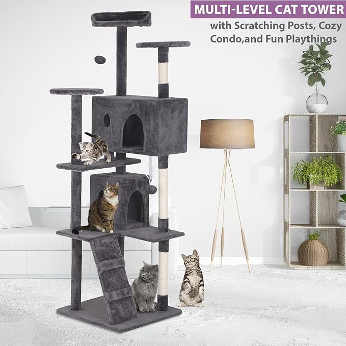 70 inches Cat Tower for Indoor Cats Multi-Level Cat Condos for XL Cat Tree Cat Climbing Tower with Scratching Posts, Hanging Toys,Light Gray-PurrikoPets