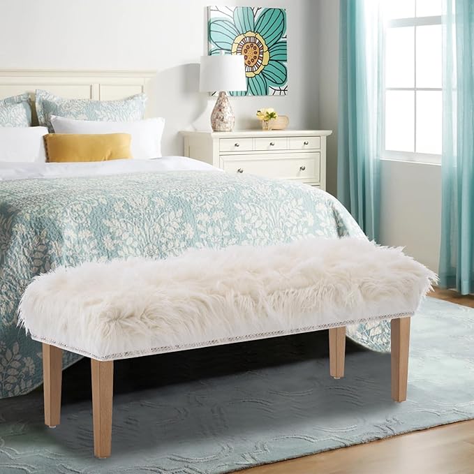 46 Inch White Bedroom Bench, Modern Multi-Purpose Bench with Wooden Legs, Faux Fur Upholstered, 3-Seater, 220 lbs Weight Capacity-PurrikoPets