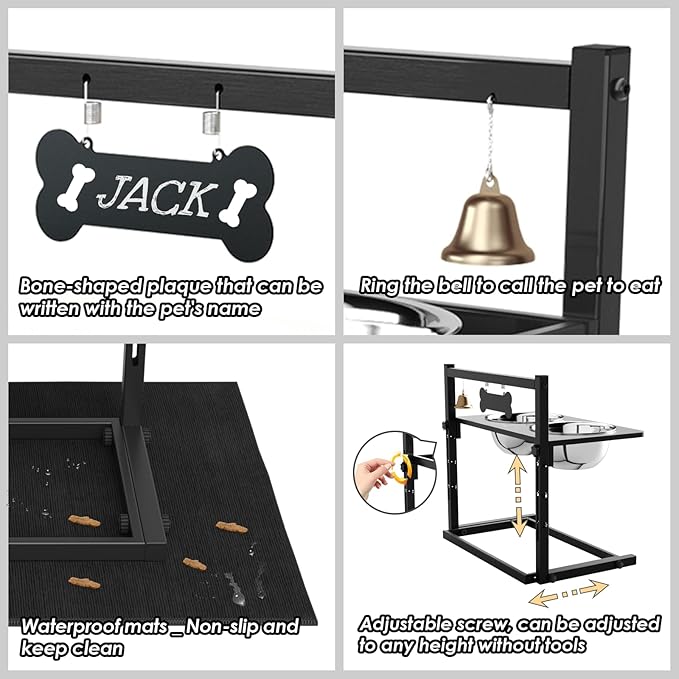 Elevated Dog Bowls with Slow Feeder and Spill Proof Mat, Adjustable Height 4.3-11.8'', Two 1.7L Stainless Steel Food & Water Bowls, Metal Raised Dog Bowl Stand, for Large Medium Breeds-PurrikoPets