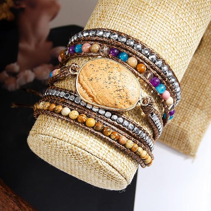 ZOSOJONA Women Wrap Bracelet Boho Natural Jasper Crystal Stone Beads Strand Bracelets