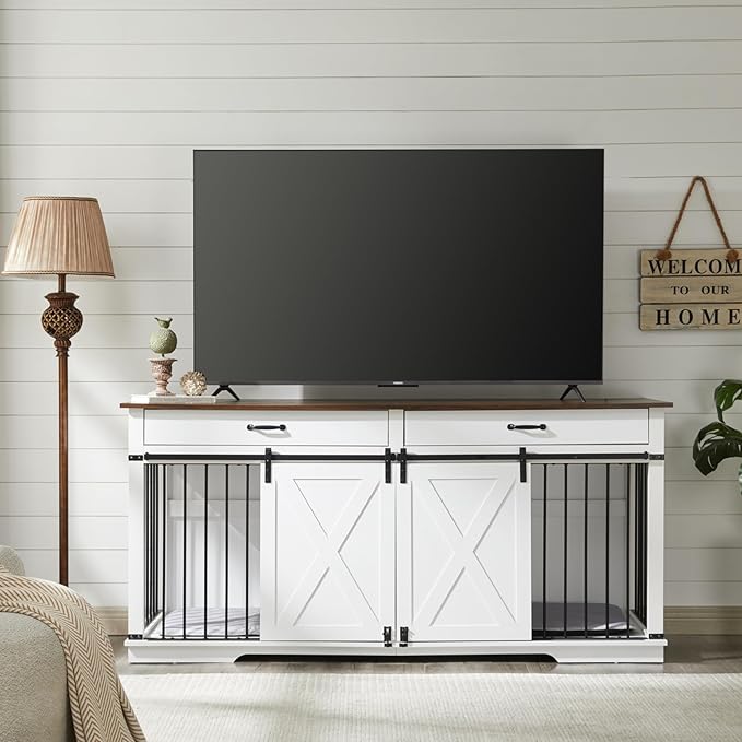 EDYO LIVING 72.5" Large Dog Crate Furniture for 2 Dogs, Wooden Dog Kennel with Drawers, Divider, Sliding Barn Door, Water Resistant Indoor Furniture Style Double Dog Crates, White-PurrikoPets