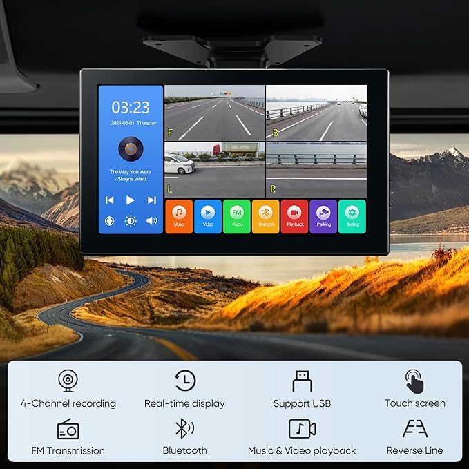 4-Channel 1080P Backup Camera for Truck/RV/Semi Trailer/Van/Cars 10.2inch Touch Monitor with DVR Recording/Playback/Bluetooth/FM Radio/Music/Video Player-PurrikoPets