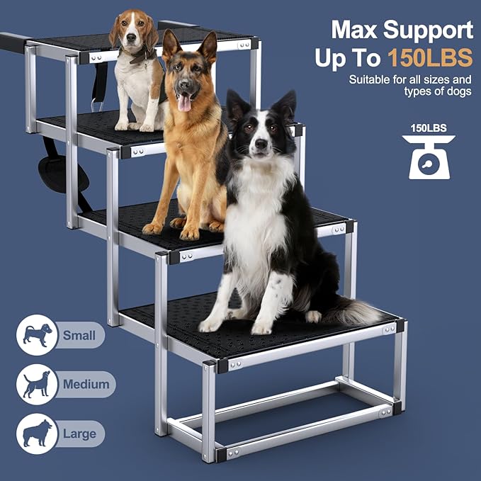 Dog Stairs for Car, Foldable Dog Ramp for Car with Non-Slip Surface, Portable Stairs Aluminum SUV, High Beds, Truck, Supports up to 150 lbs, 4 Steps-PurrikoPets