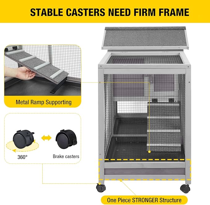 Aivituvin Rabbit Hutch Outdoor Indoor Rabbit Cage Chikcen Coop with Casters Guinea Pig Cage with 3 Deep No Leakage Pull Out Tray,Waterproof Roof-PurrikoPets
