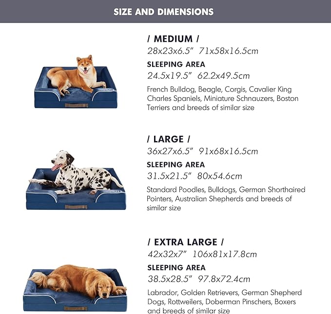 Friends Forever Orthopedic Dog Bed, Bolster Dog Bed with Memory Foam Pet Couch Sofa and Removable Washable Cover, Ally Navy, 42x32x7-PurrikoPets