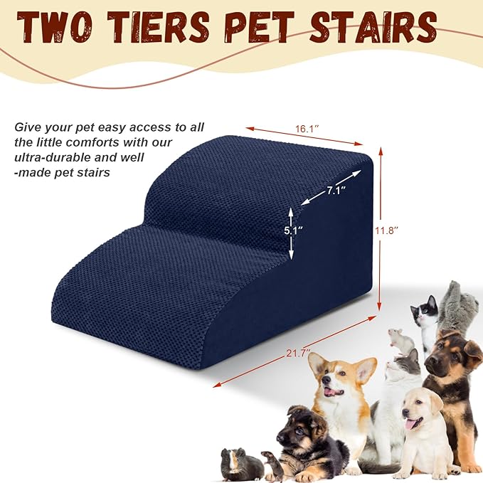 Dog Stairs for Small Dogs - High Density Foam Pet Steps, Extra Wide Dog Ramp with Non-Slip Bottom for High Beds, Couch and Sofa, Best for Dogs Injured, Older Doggy Cats,2 Steps, Navy-PurrikoPets