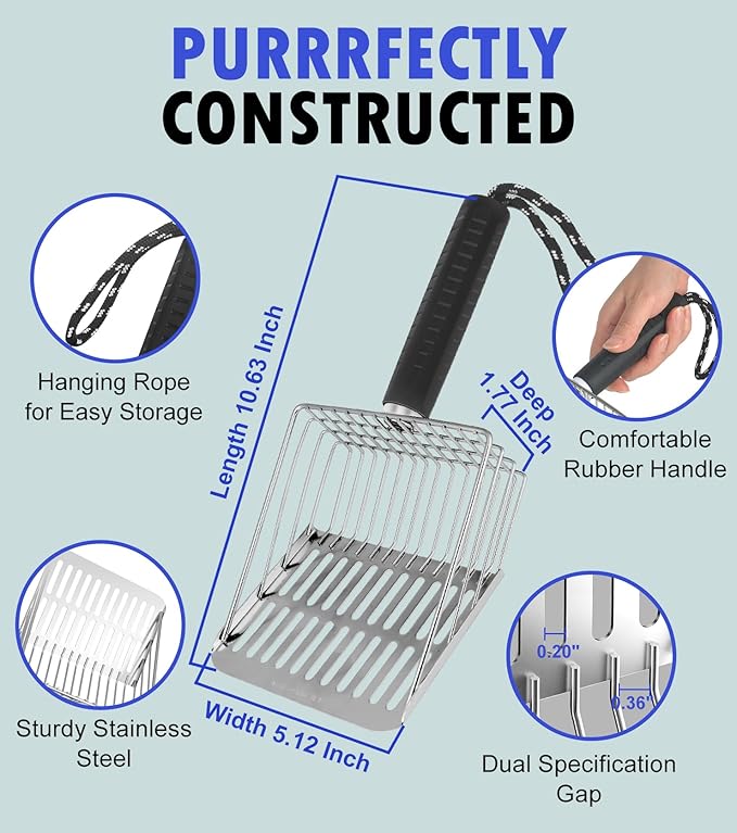 2PCS Cat Litter Scoop, Solid and Durable Kitty Metal Scooper, Stainless Steel Sifter, Heavy Duty, for Litter Box, Black Rubber Handle, Included Stainless Steel Hook-PurrikoPets