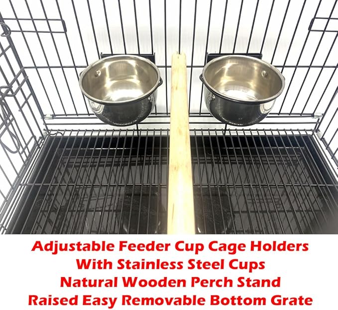 Durable Easy Portable Collapsible Metal Travel or Veterinary Collapsable Parrot Bird Carrier Beaks-Proof Easy Clean Carrier Cage with Stainless Steel Feeder Bowls Natural Wooden Perch-PurrikoPets