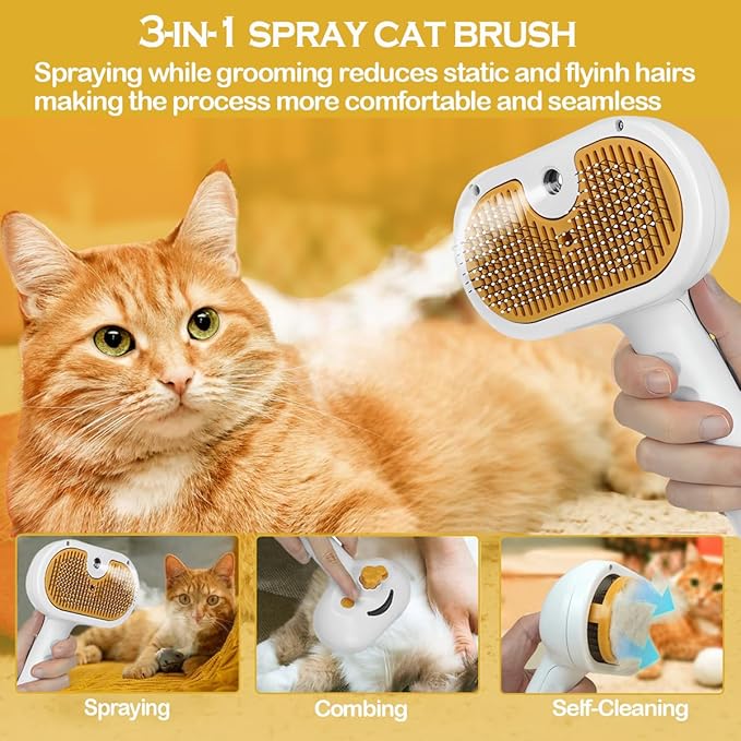 3-1 Cat Steam Brush for Shedding, Steamy Grooming Brush for Long & Short Hair Cats & Dogs, Self-Cleaning Pet Hair Removal Comb with Water Tank Dog-PurrikoPets