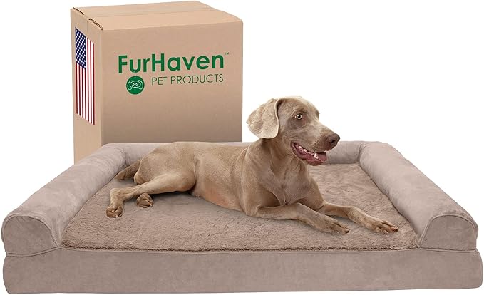 Furhaven Cooling Gel Dog Bed for Large Dogs w/ Removable Bolsters & Washable Cover, For Dogs Up to 125 lbs - Plush & Suede Sofa - Almondine, Jumbo Plus/XXL-PurrikoPets