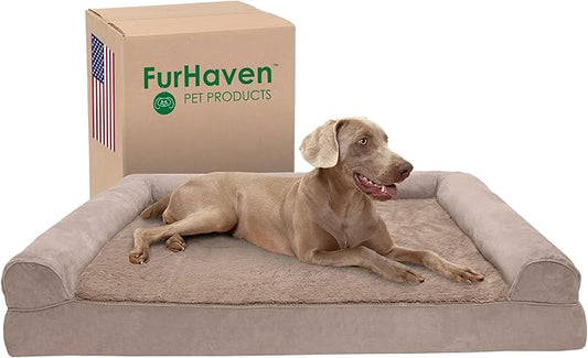 Furhaven Cooling Gel Dog Bed for Large Dogs w/ Removable Bolsters & Washable Cover, For Dogs Up to 125 lbs - Plush & Suede Sofa - Almondine, Jumbo Plus/XXL-PurrikoPets