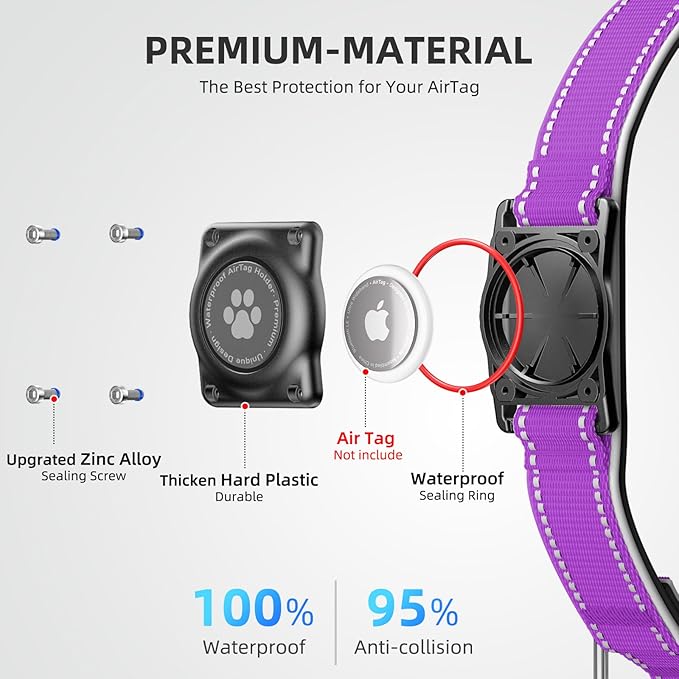 Airtag Dog Collar - 100% Waterproof Air tag Dog Collar Holder for Apple AirTag, Reflective, Soft Padded, Everlasting, GPS Dog Collar for Small Medium Large Dogs (Purple, M)-PurrikoPets