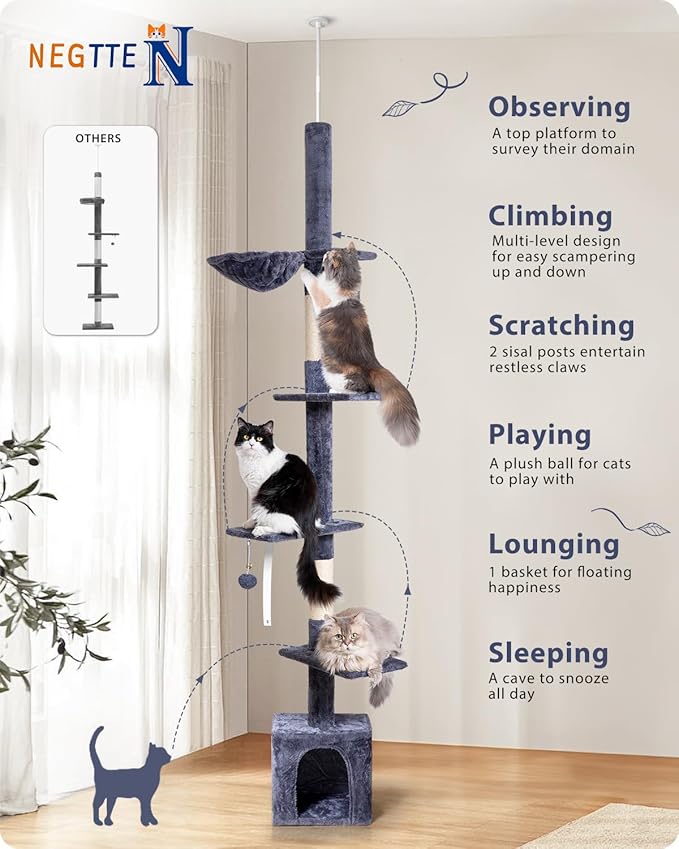 Floor to Ceiling Cat Tree, 5-Tier Height (95-109 inches) - Adjustable Cat Climbing Tower with Sisal Scratching Posts, Cat Condo, Hammock, Platforms, and Hanging Balls-PurrikoPets